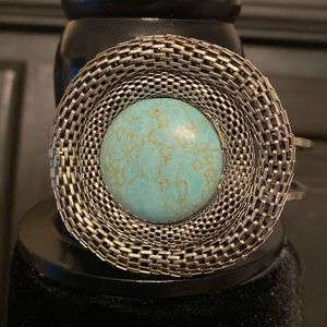 #2- Vintage 2.5" Mexican silver cuff with aquamarine faux stones